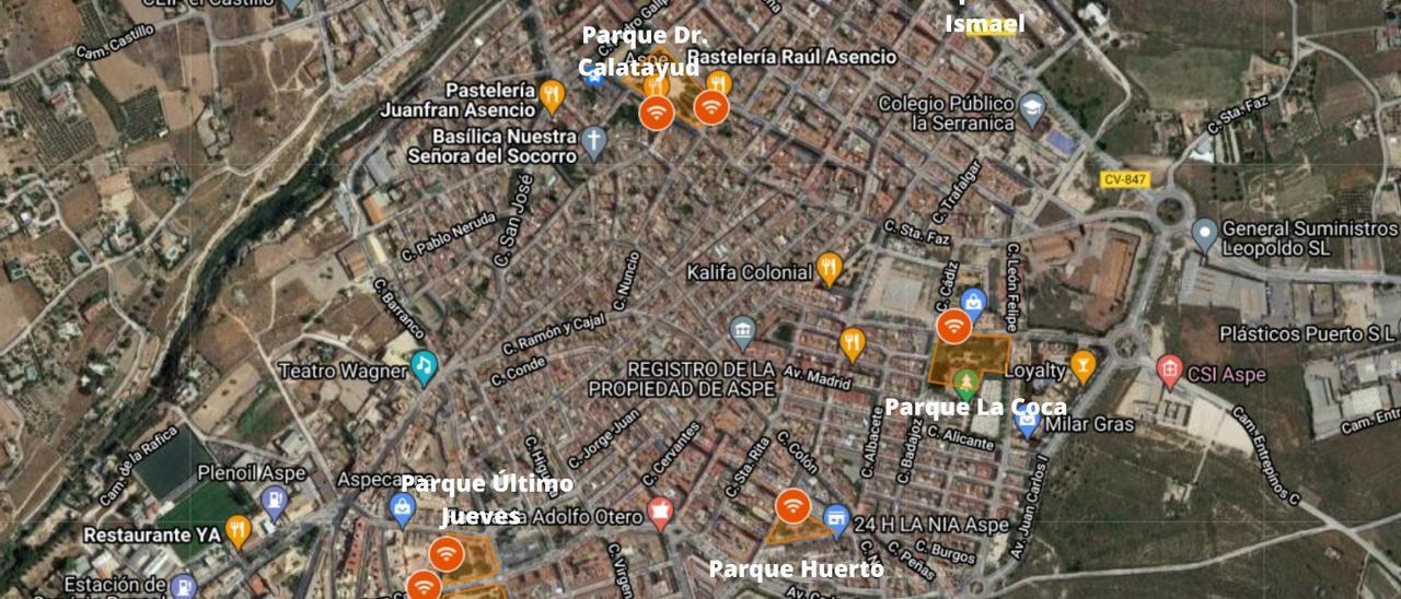 El plano de los parques de Aspe dotados con wifi gratuito.