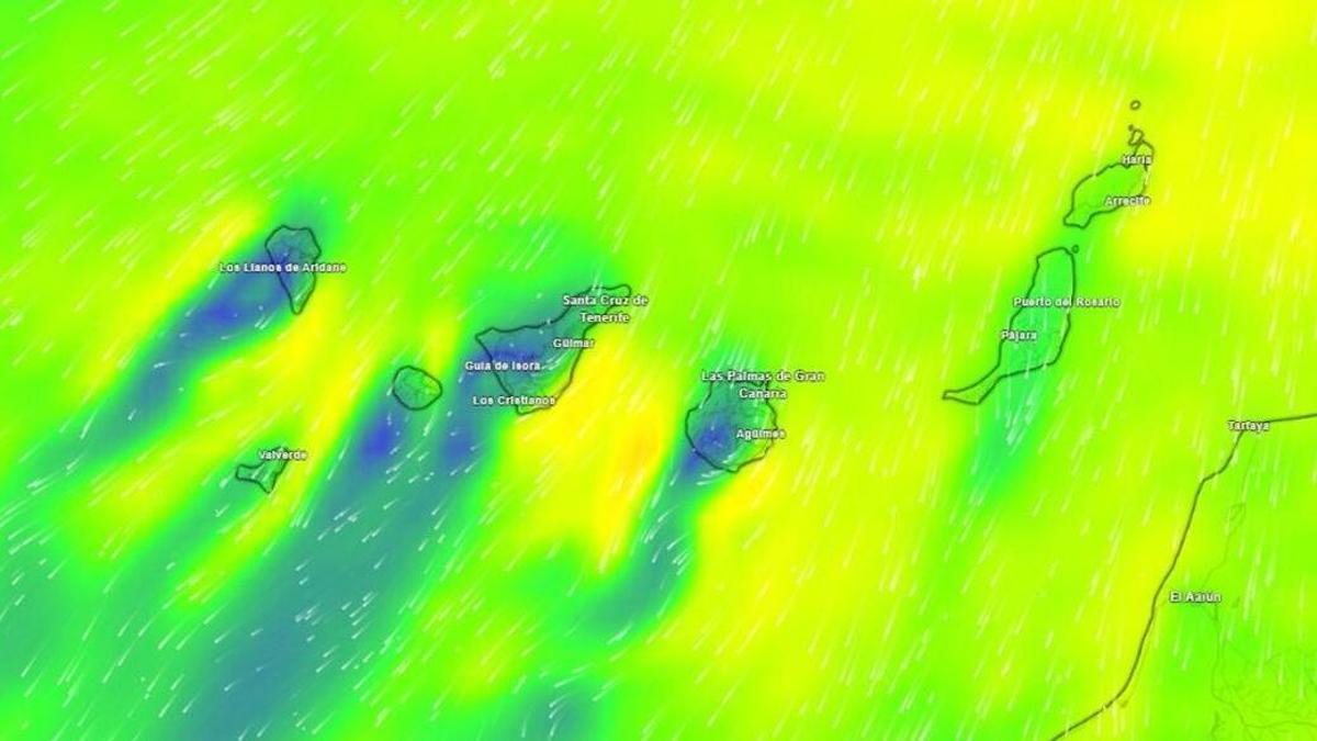 Mapa meteorológico de viento para el lunes en Canarias
