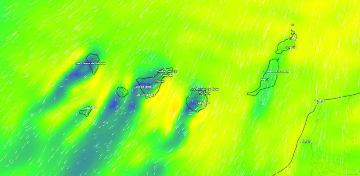 Mapa meteorológico de viento para el lunes en Canarias