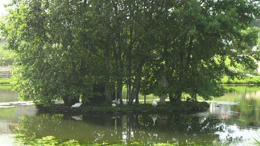 La estatua permaneció durante años en un islote artificial del lago del Pontiñas. // Bernabé