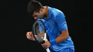 Djokovic celebra su victoria ante Dimitrov.