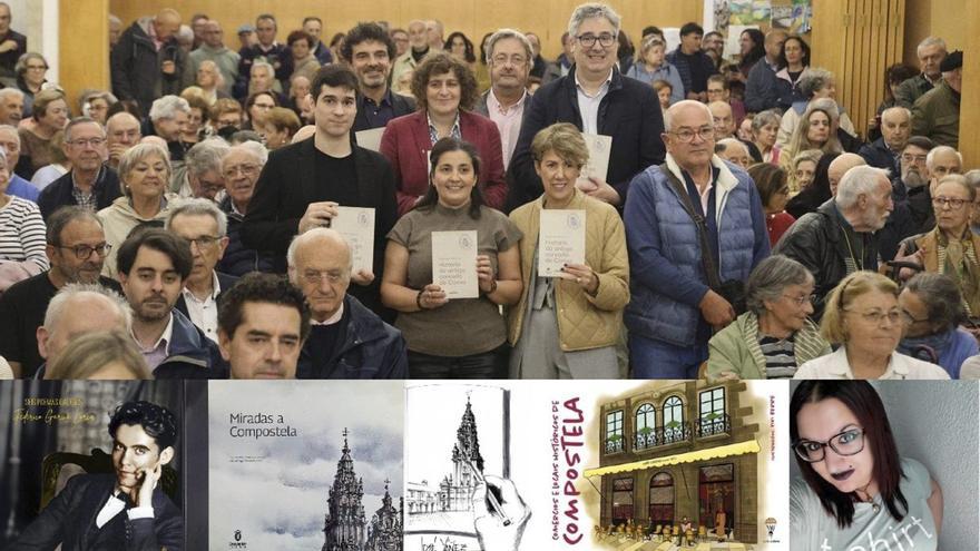 Arriba, presentación de ‘Historia do antigo concello de Conxo’. Abajo: portadas de otros libros y foto de Viki Berre.| Jesús Prieto - C.