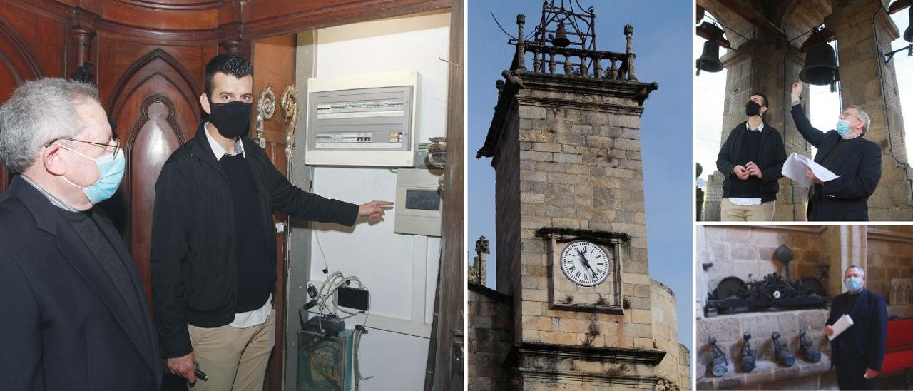 El deán y uno de los sacristanes, en la central de mando automatizada que controla el reloj y las campanas de la catedral de Ourense. // IÑAKI OSORIO
