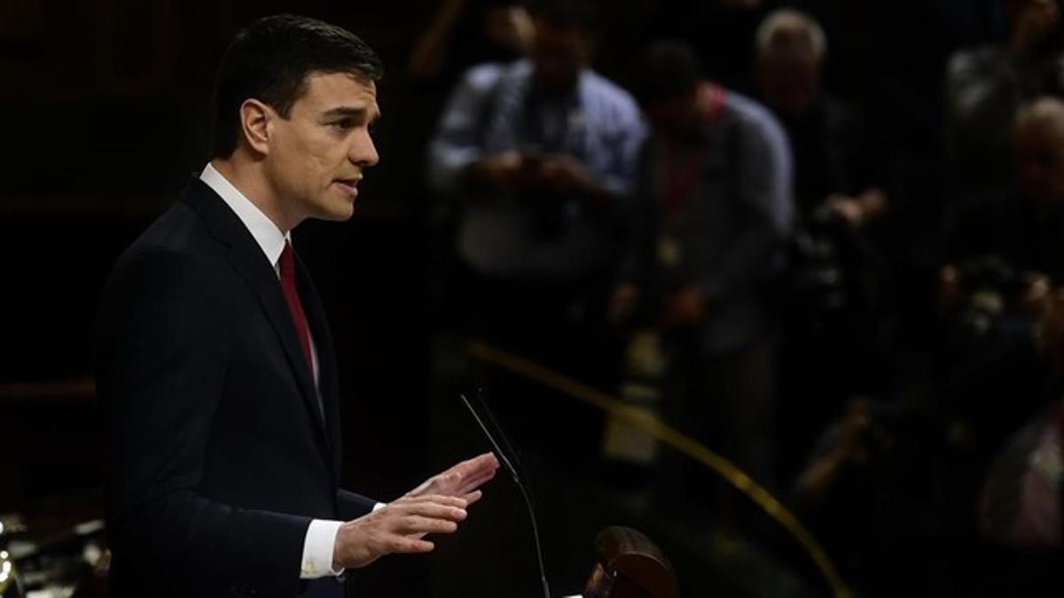 Pedro Sánchez, durante su intervención en el debate de investidura.