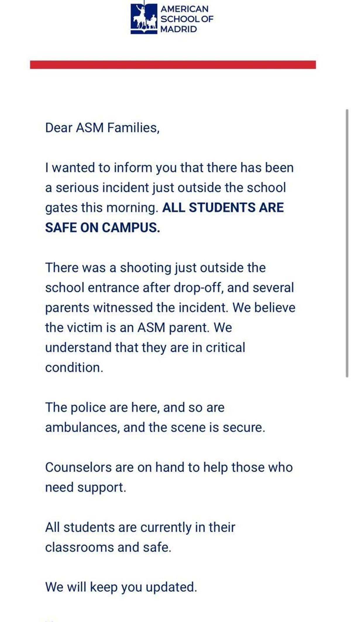 Comunicado del Colegio Americano de Madrid tras el tiroteo en sus inmediaciones.