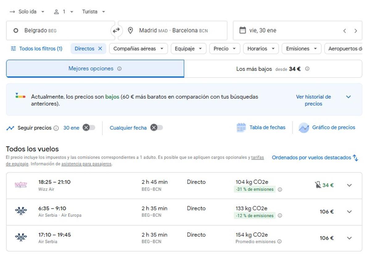 Vuelos directos entre Belgrado y Barcelona el viernes 30 de agosto