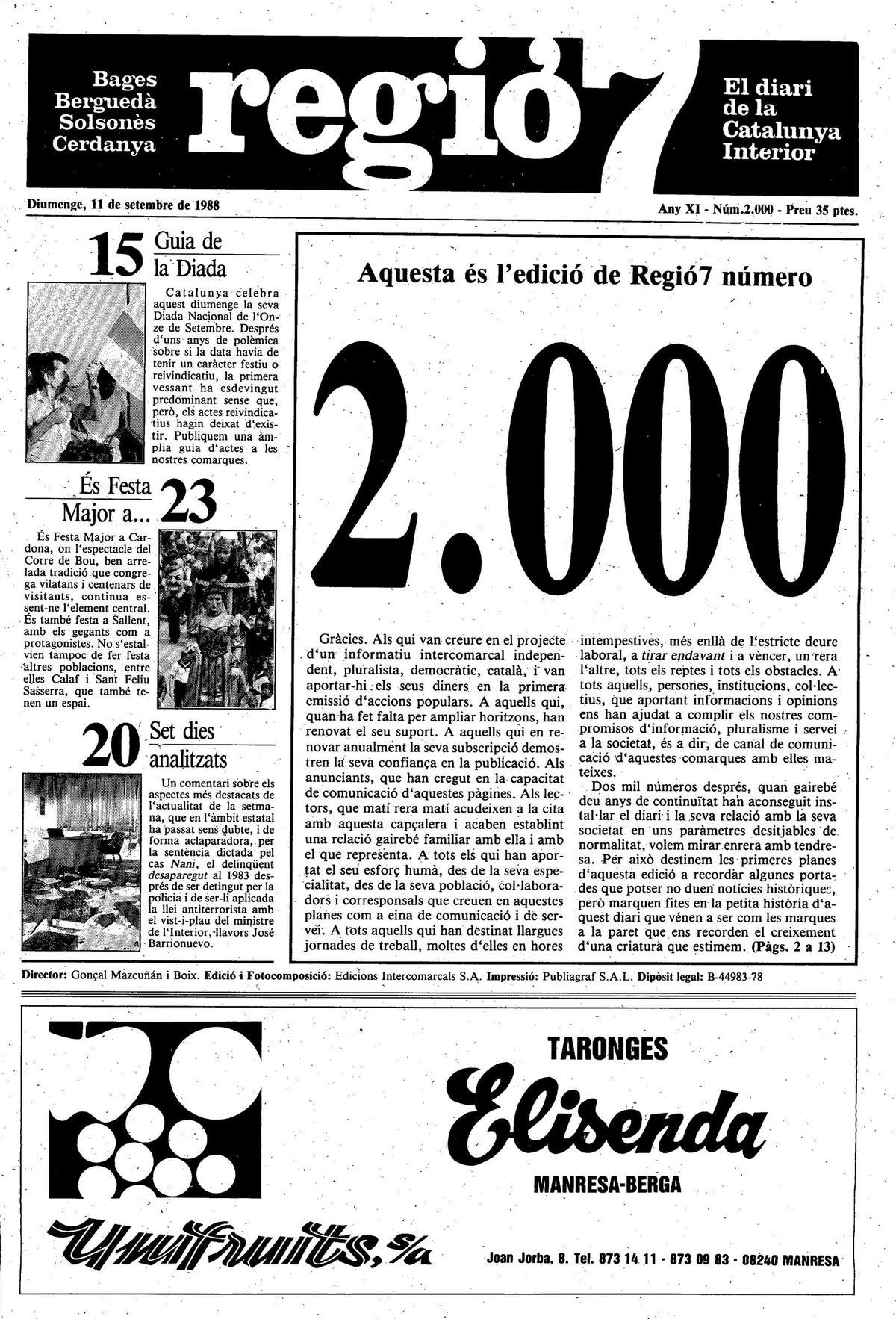 La portada 2.000 de Regió7 de l'11 de setembre de 1988