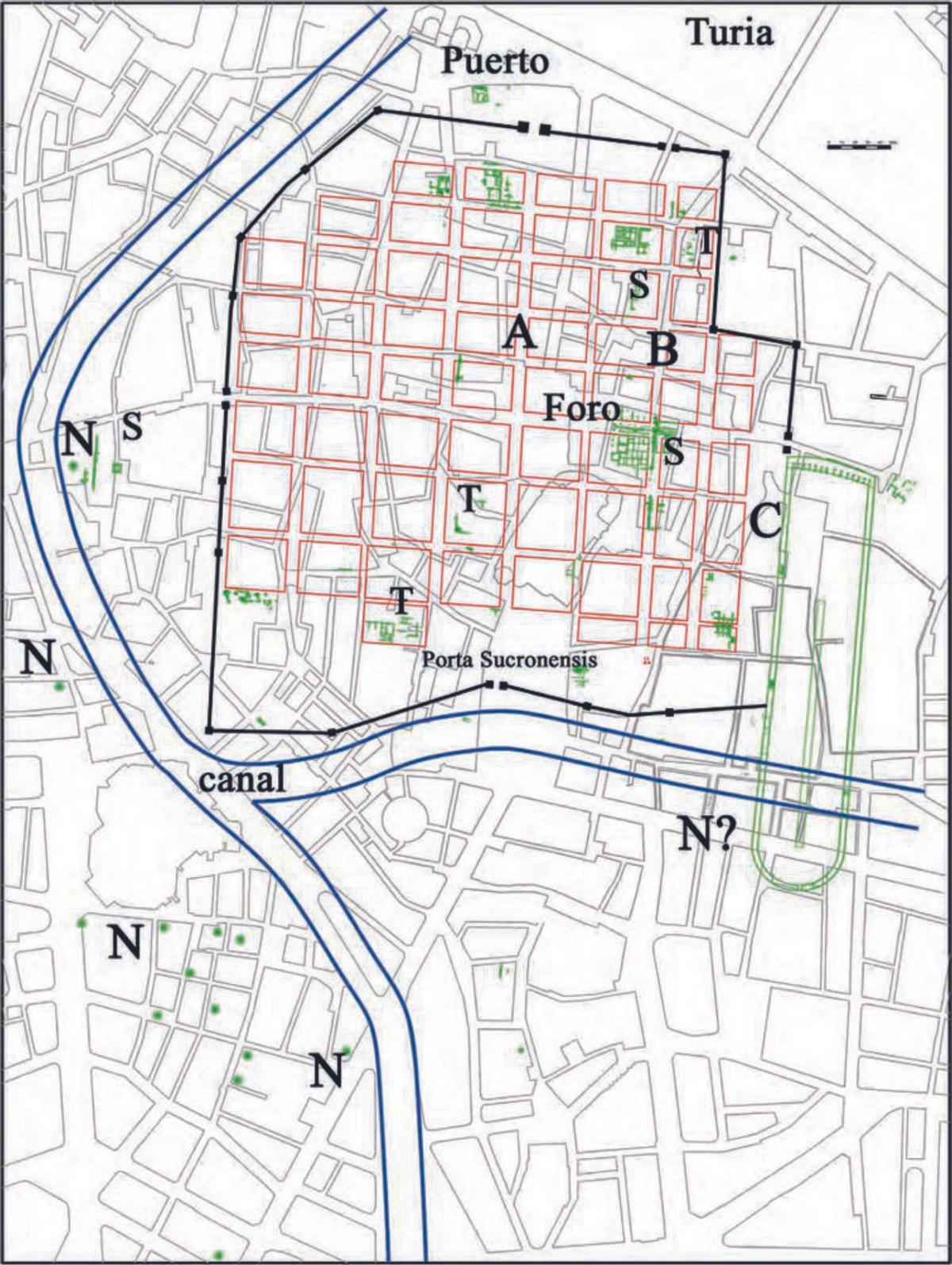 (A) Vía Augusta/cardo
(B)Vía sacra/cardo
(C)Vía Circenses/cardo
(N)Necrópolis (cementerios)
(S) Santuarios
(T) Termas. | A.RIBERA