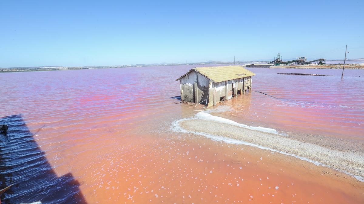 Instalaciones de la salinera de Torrevieja anegadas por las aguas rosadas de la laguna tras un episodio de lluvias