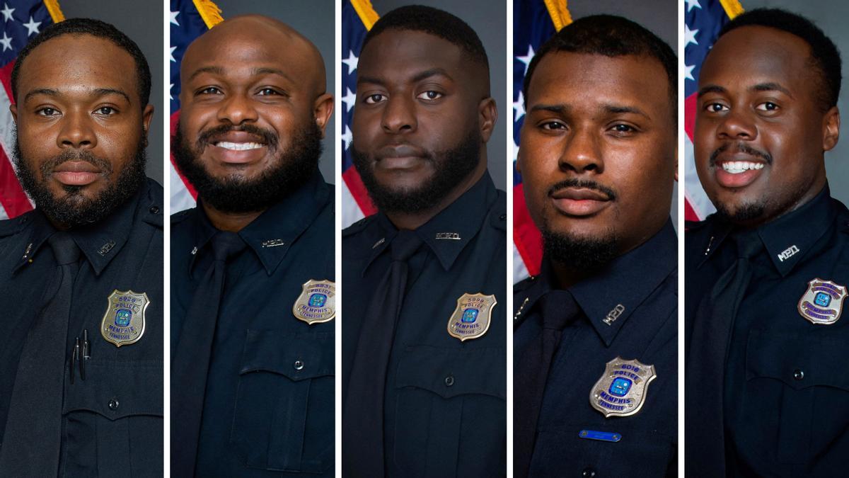 Officers who were terminated after their involvement in a traffic stop that ended with the death of Tyre Nichols, pose in a combination of undated photographs in Memphis, Tennessee, U.S. From left are officers Demetrius Haley, Desmond Mills, Jr., Emmitt Martin III, Justin Smith and Tadarrius Bean. Memphis Police Department/Handout via REUTERS.