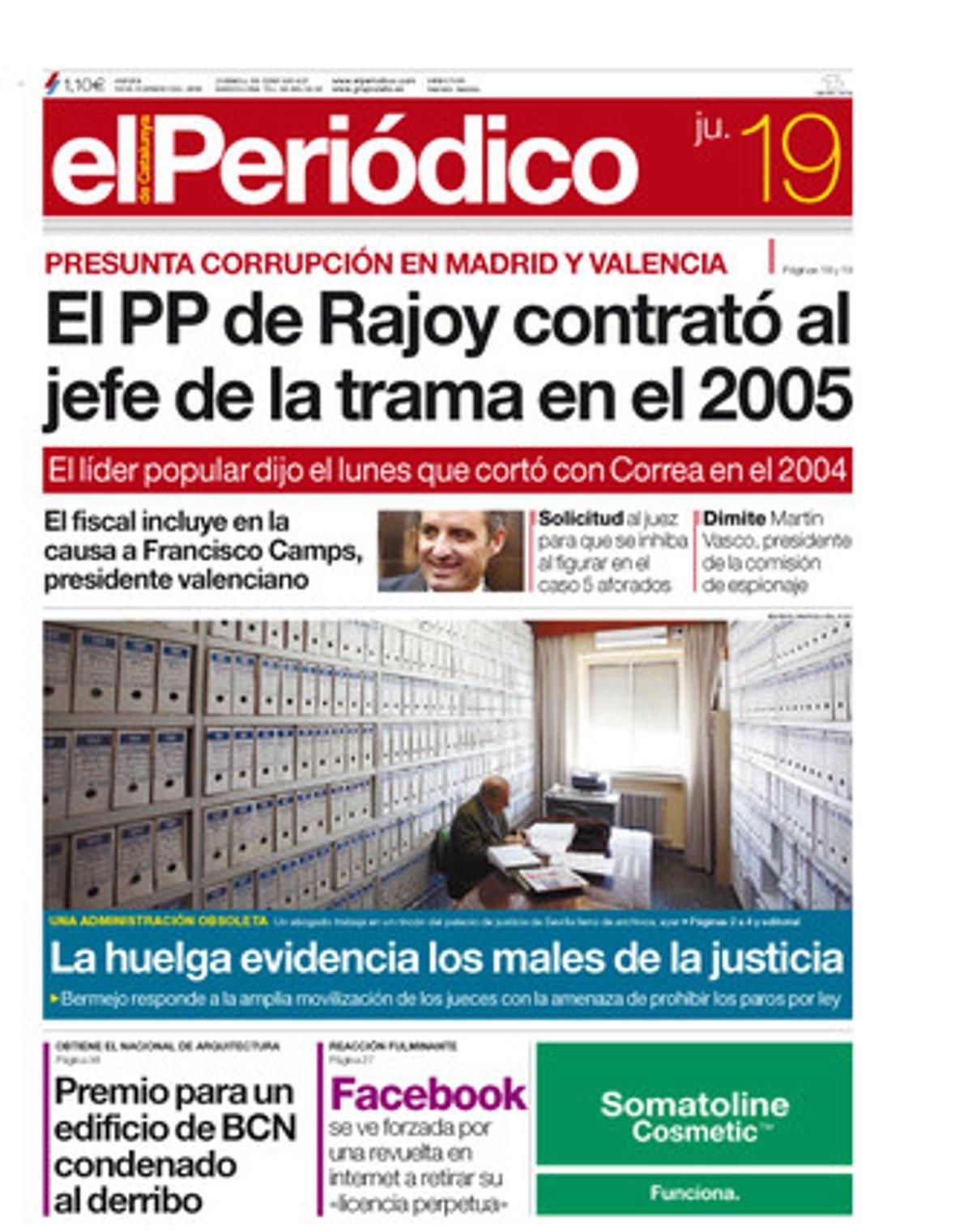 El PP de Rajoy contrató al jefe de la trama Gürtel en el 2005. Portada publicada el 19 de febrero del 2009.