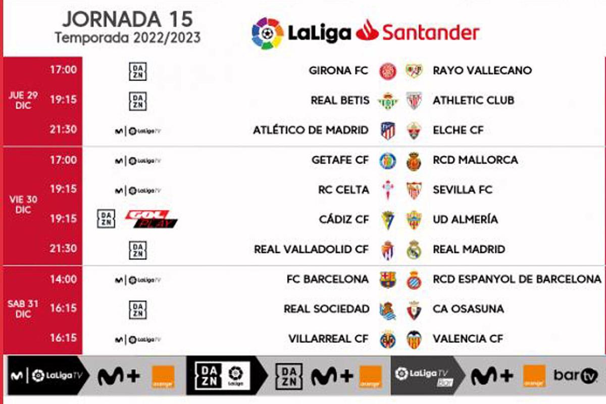 Horarios Jornada 15 de LaLiga Santander