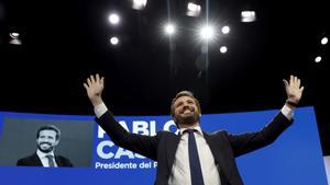 El actual presidente del PP, Pablo Casado, durante el XX Congreso Nacional del partido en Sevilla que comienza este viernes y que elegirá por aclamación a su nuevo presidente.