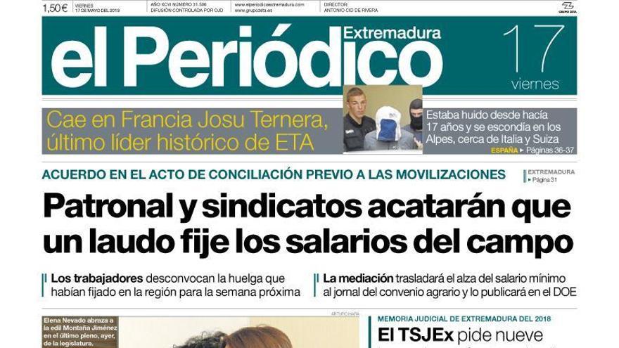 Esta es la portada de EL PERIÓDICO EXTREMADURA correspondiente al día 17 de mayo del 2019