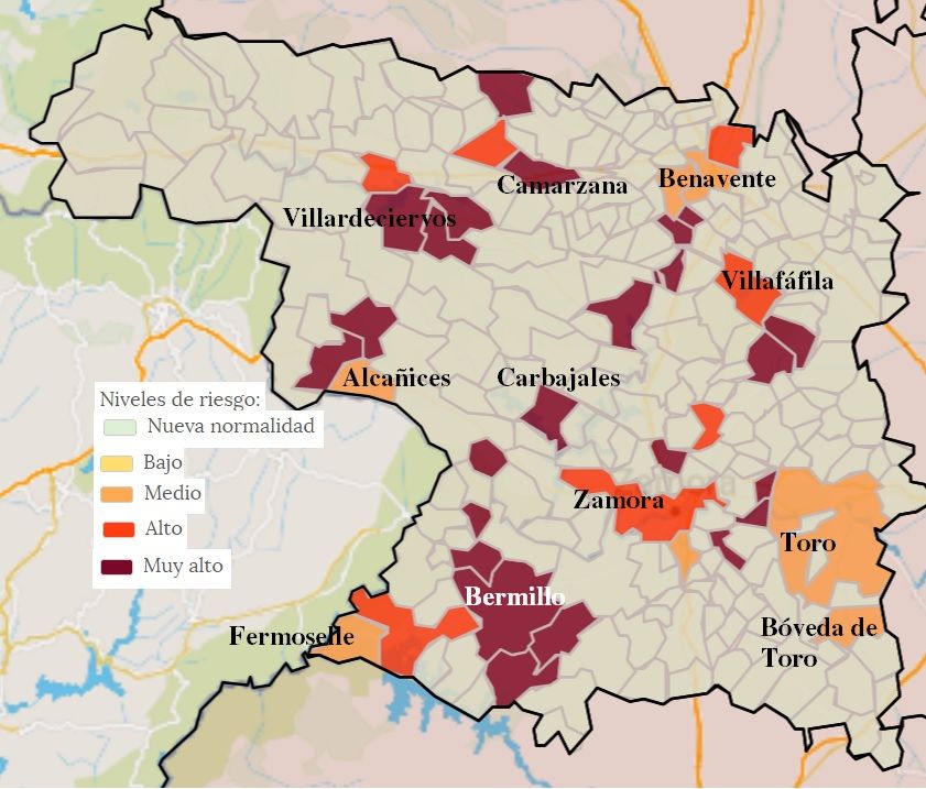 Mapa de contagios COVID por municipios en Zamora