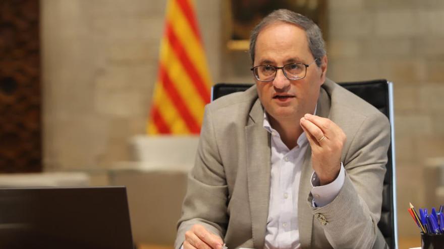 El president del Govern, Quim Torra, durant la reunió que ha mantingut amb alcaldes de l&#039;Àrea Metropolitana sobre les mesures restrictives davant la propagació de la covid-19 aquest dissabte 18 de juliol