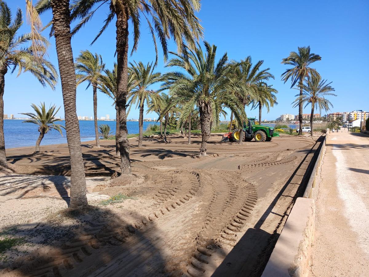 Operarios trabajan esta semana en la playa de la zona del Mar Menor en Cartagena alisando la arena.