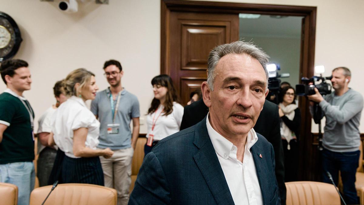 Enrique Santiago, portavoz de IU en el Congreso y diputado de Sumar, durante una intervención pública.