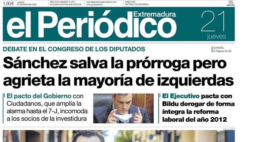 Esta es la portada de EL PERIÓDICO EXTREMADURA correspondiente al día 21 de mayo del 2020