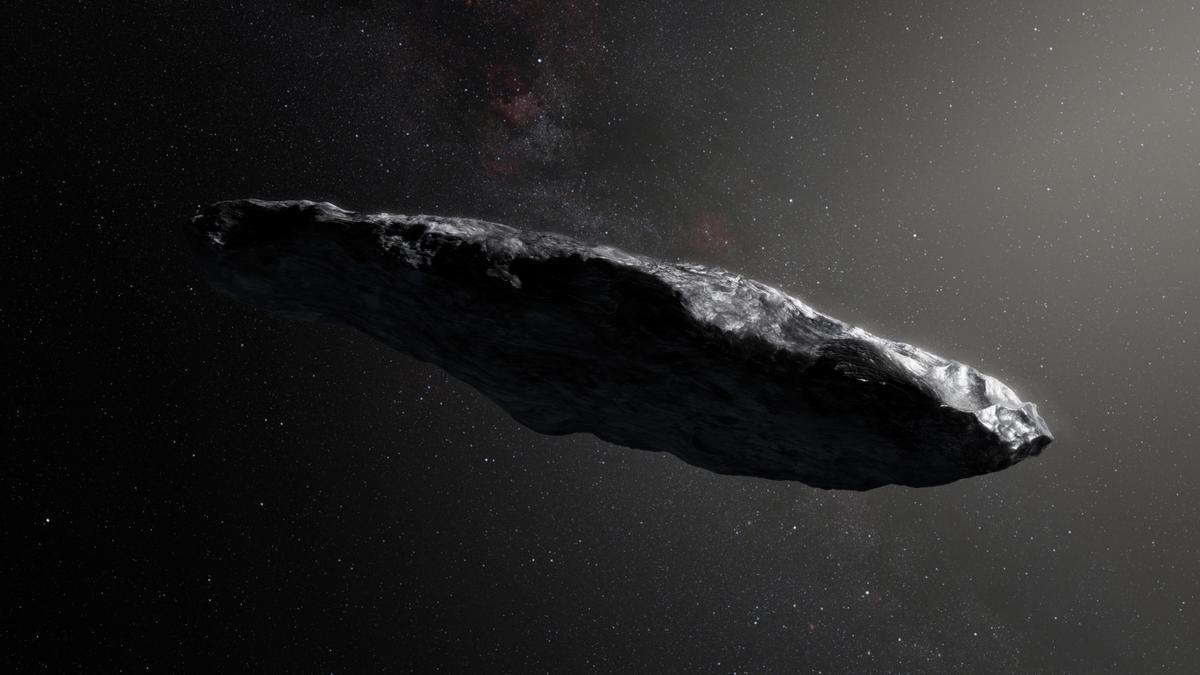 Creación artística del asteroide interestelar Oumuamua.