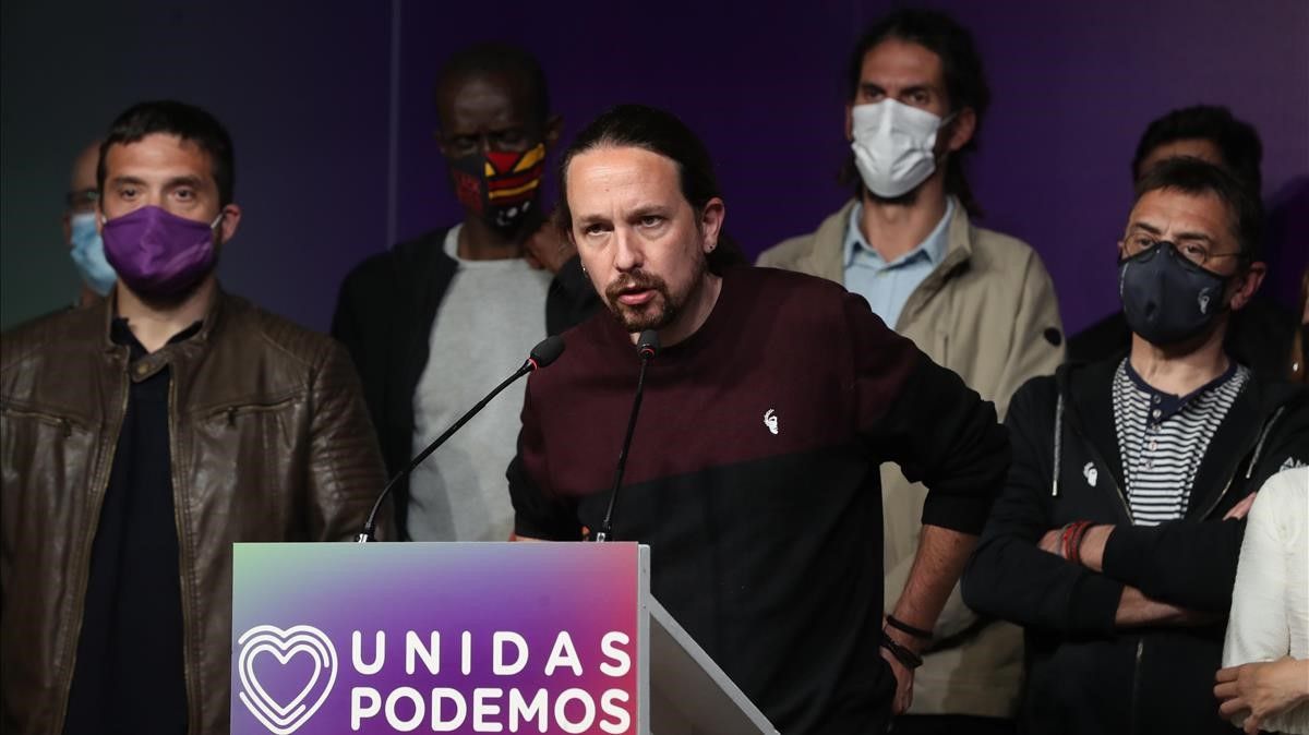MADRID  04 05 2021 - El lider de Unidas Podemos  Pablo Iglesias  comparece ante los medios hoy martes en la sede del partido  en Madrid  tras conocer los resultados de las elecciones a la Comunidad de Madrid  EFE Kiko Huesca