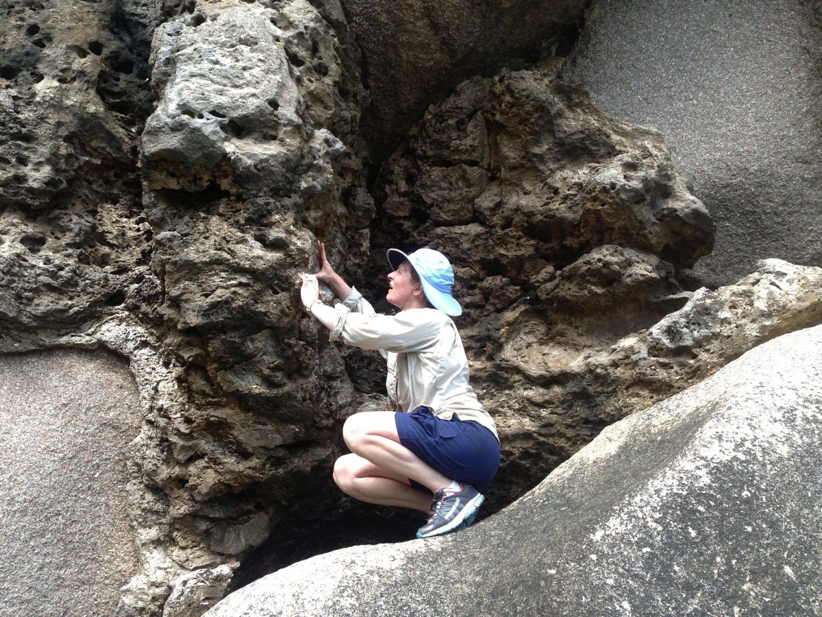 Andrea Dutton examina un afloramiento de piedra caliza con corales fósiles que crecen sobre el lecho rocoso de granito en La Digue, Seychelles.