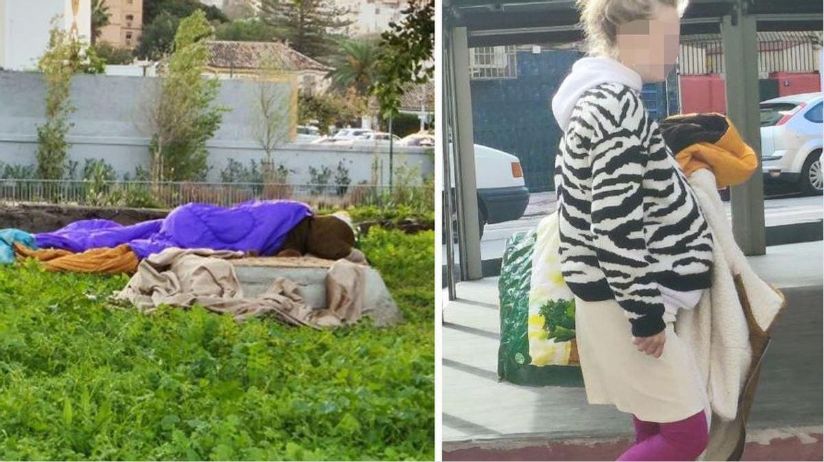 Imagen de la indigente embarazada y del lugar donde suele dormir, junto a la Comisaría Málaga Norte.