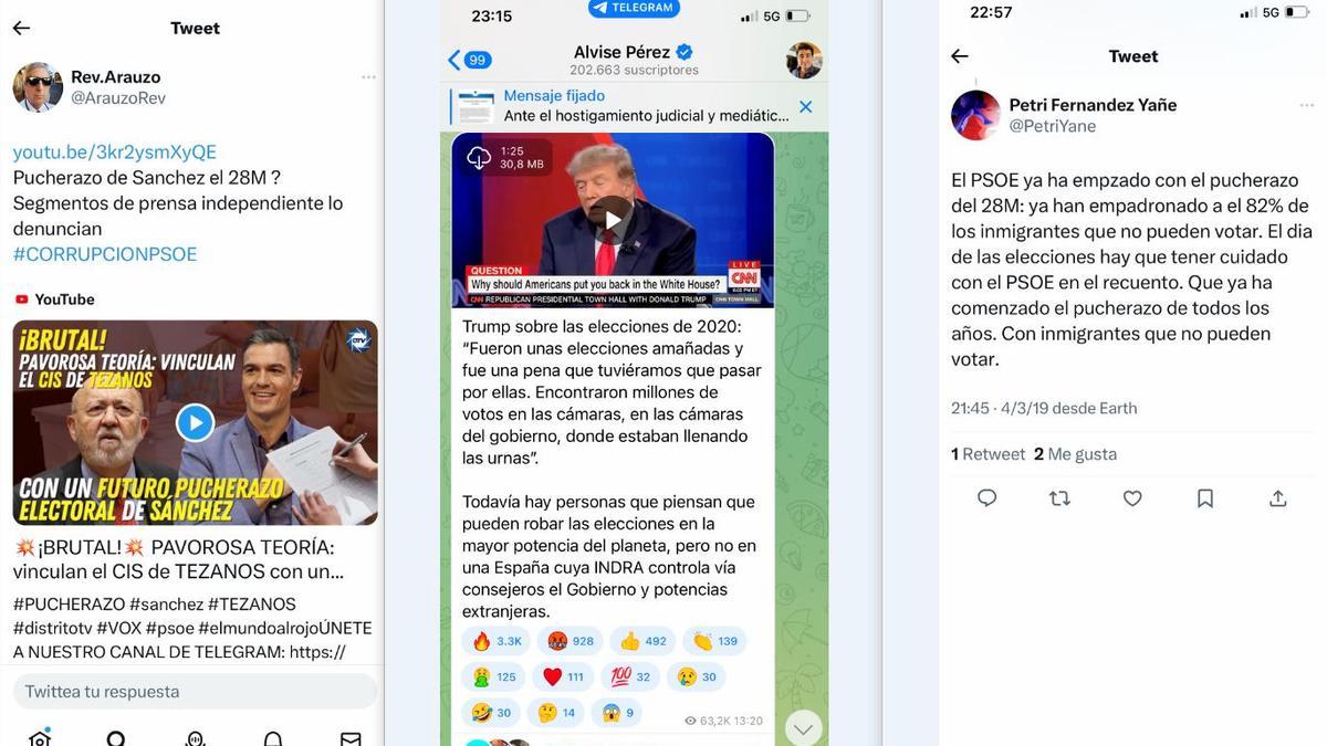 Mensajes de la oleada de desinformación contra las elecciones del 28M hablando de un pucherazo