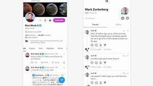 Composición de dos capturas de las cuantas de Elon Musk en Twitter y la de Mark Zuckerberg en Threads.