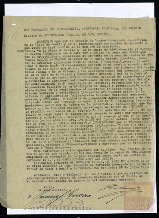 Sentencia inicial de Miguel Hernández
