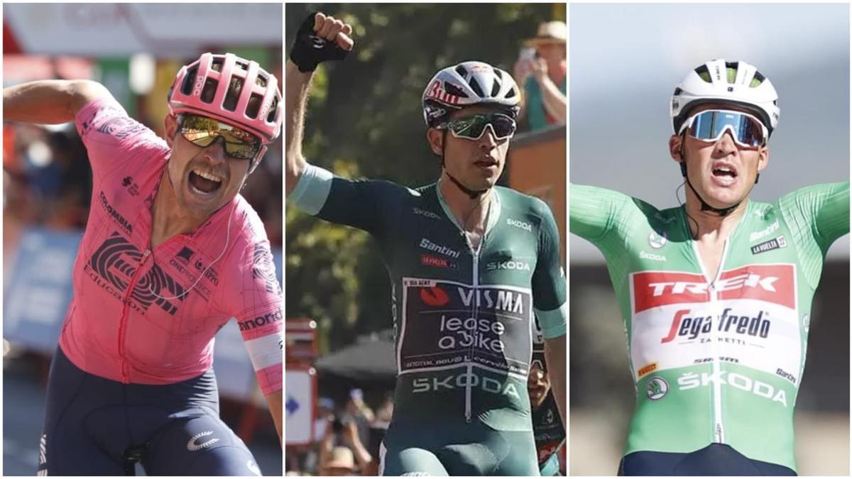 Magnus Cort Nielsen (i), Wout Van Aert (c) y Mads Pedersen (d) en sus victorias en la Vuelta a España en finales en la provincia de Córdoba.
