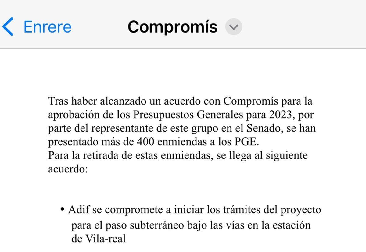 Imatge del document on es plasma el compromís del Govenr per a iniciar la tramitació per a construir un pas de vianant baix les vies de l'estació de Vila-real.