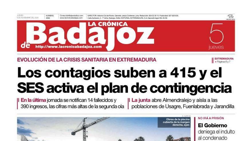 Esta es la portada de LA CRÓNICA DE BADAJOZ correspondiente al día 5 de noviembre del 2020