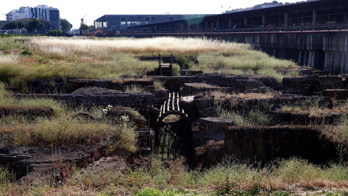 Vista de parte de los restos del yacimiento de Cercadilla con la Estación del AVE al fondo