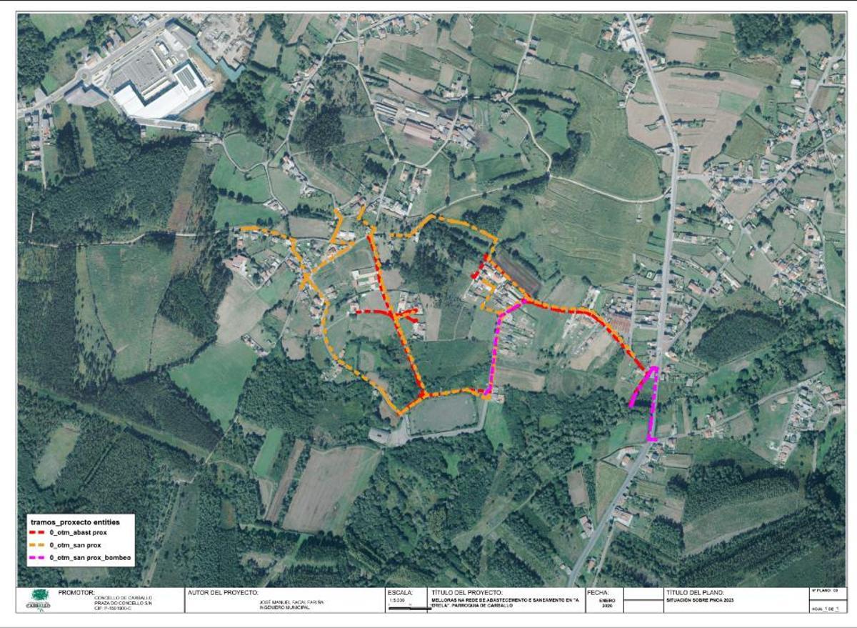 Localización das actuacións previstas: en vermello, as das redes do abastecemento; en amarelo, as do saneamento; e en rosa, as dos bombeos.