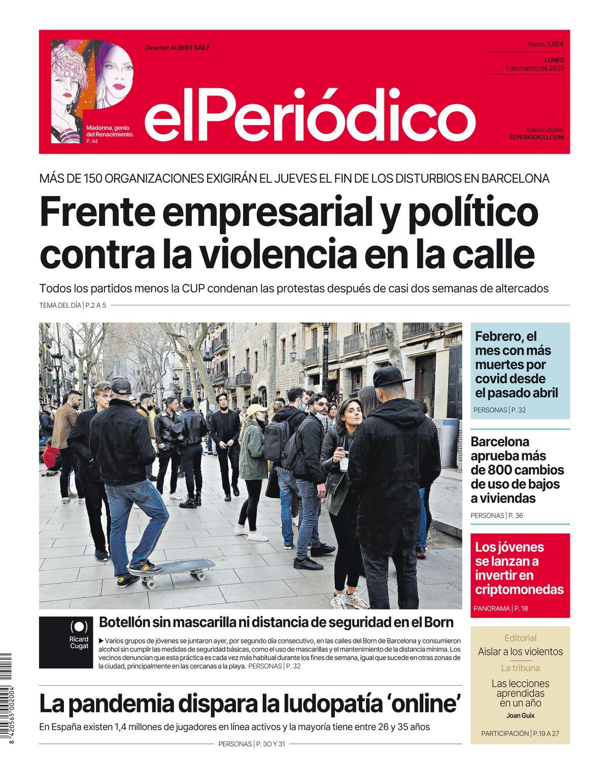 La portada d’EL PERIÓDICO de l’1 de març del 2021