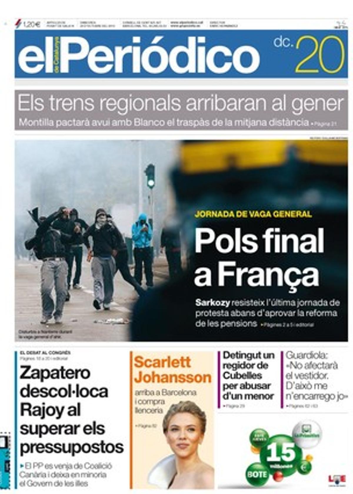 EL PERIÓDICO destaca a dins, a més de les notícies de portada, la condemna d’un príncep saudita a Londres per matar el seu servent, que Antonio Basagoiti, líder del PP basc, va presumir de fer-li un lleig a l’ambaixador veneçolà (No el rebo perquè no tinc detector de metalls), que els emigrants que se’n vagin d’Espanya conservaran l’antiguitat legal, que Barcelona lidera el mapa espanyol de les calderes de biomassa, que les obres i el projecte de la Sagrada Família estan en uns llimbs legals, que Turquia planta cara a Catalunya en la pugna per la nova fàbrica de la xinesa Chery, que el president de l’INE considera que l’assignatura pendent és mesurar l’economia submergida, i que arriben les primeres traduccions d’’El Quixot’ xinès.