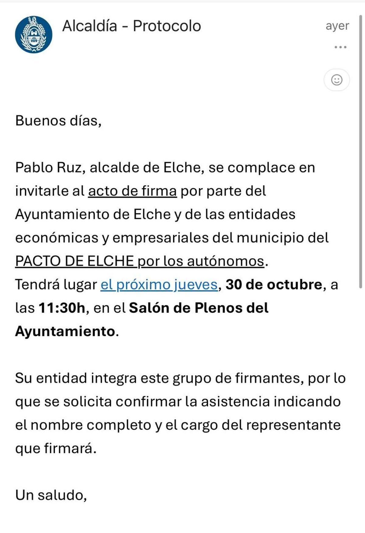 The invitation sent by the mayor