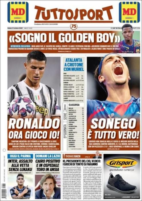 Portada TUTTOSPORT sábado 31 octubre 2020