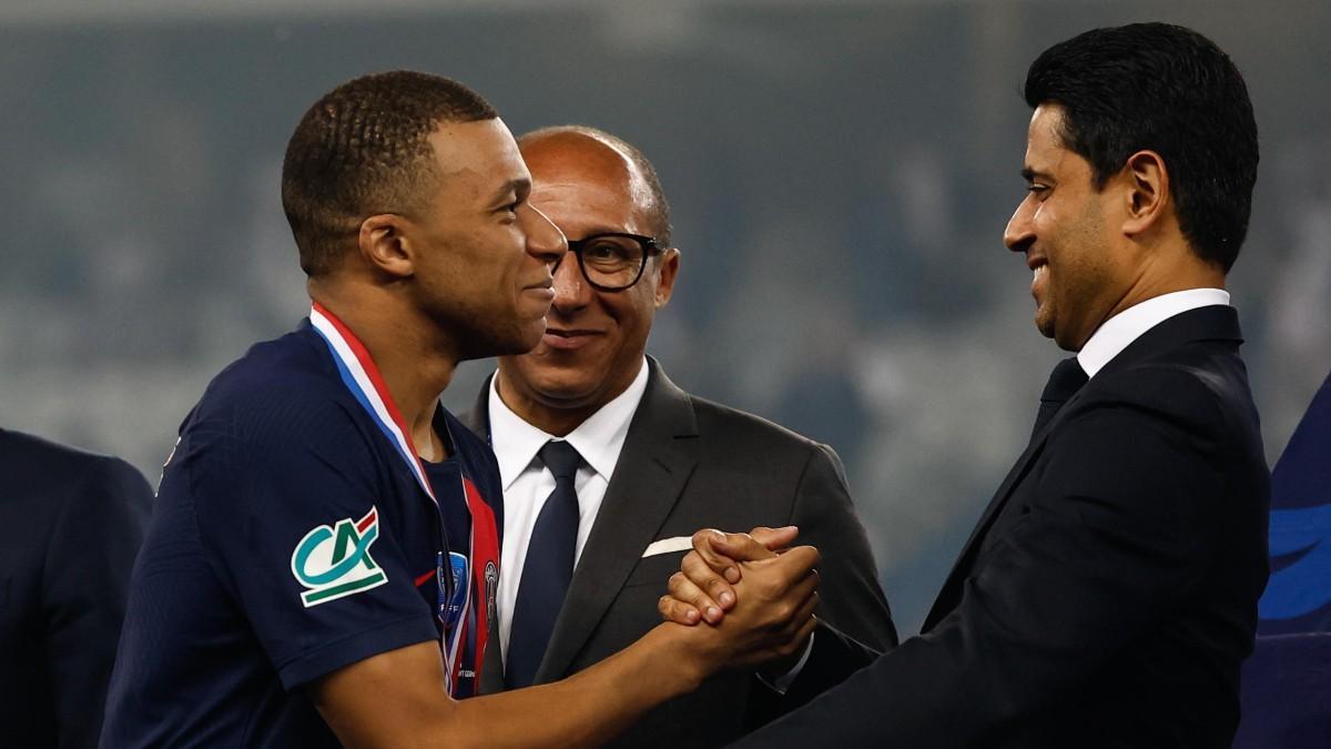 Al Khelaiffi y Mbappé tras la final de Copa de Francia