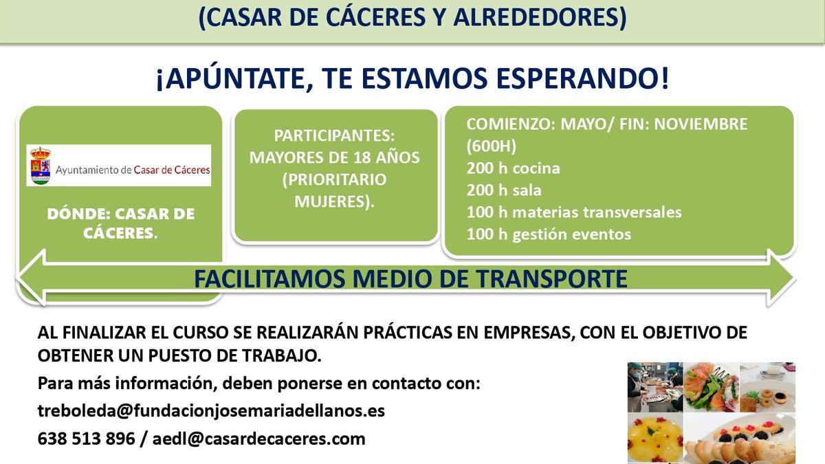 Formación gratuita en cocina y hostelería para Casar de Cáceres y alrededores.