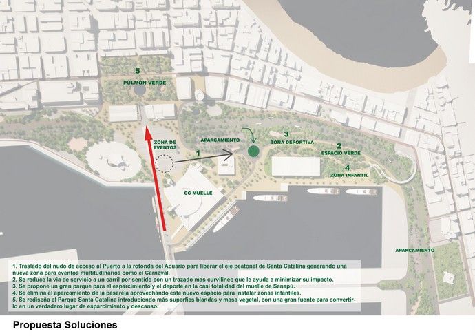 Presentación del gran parque con zonas verdes y de ocio entre Santa Catalina y el muelle de Sanapú