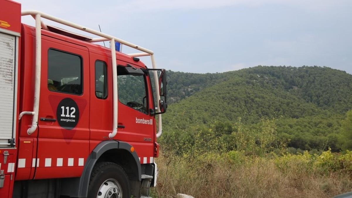 Bomberos ante la serra de Crestabons, donde se ha estrellado el ultraligero.