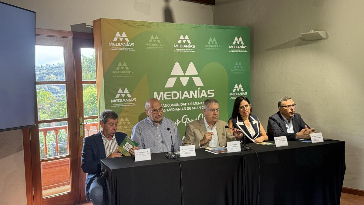 Francisco Perera, José Armengol, Marco Aurelio Pérez, Davinia Falcón y Francisco Atta en la presentación de la nueva seña de identidad 'M' de la Mancomunidad de Medianías de Gran Canaria