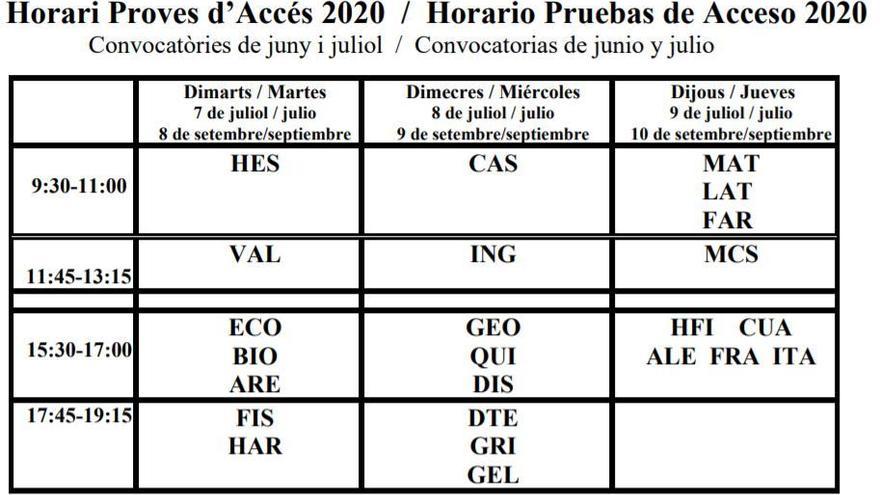 Selectividad 2020: Horario de la PAU 2020 en Alicante