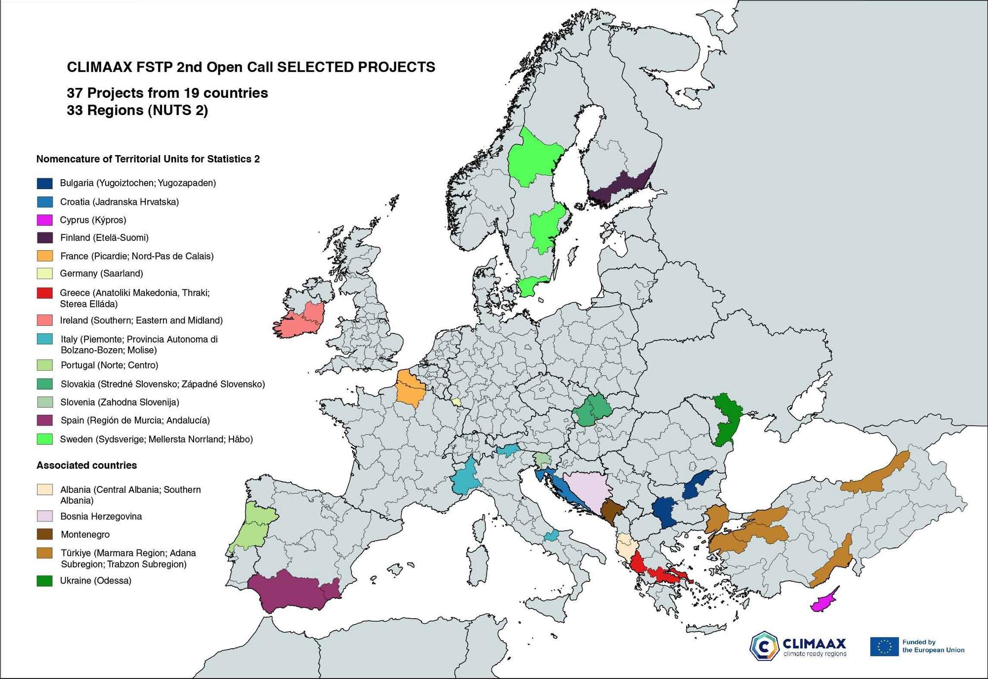Mapa de las regiones y países seleccionados para financiar alguna de sus propuestas en la II convocatoria del proyecto CLIMAAX.