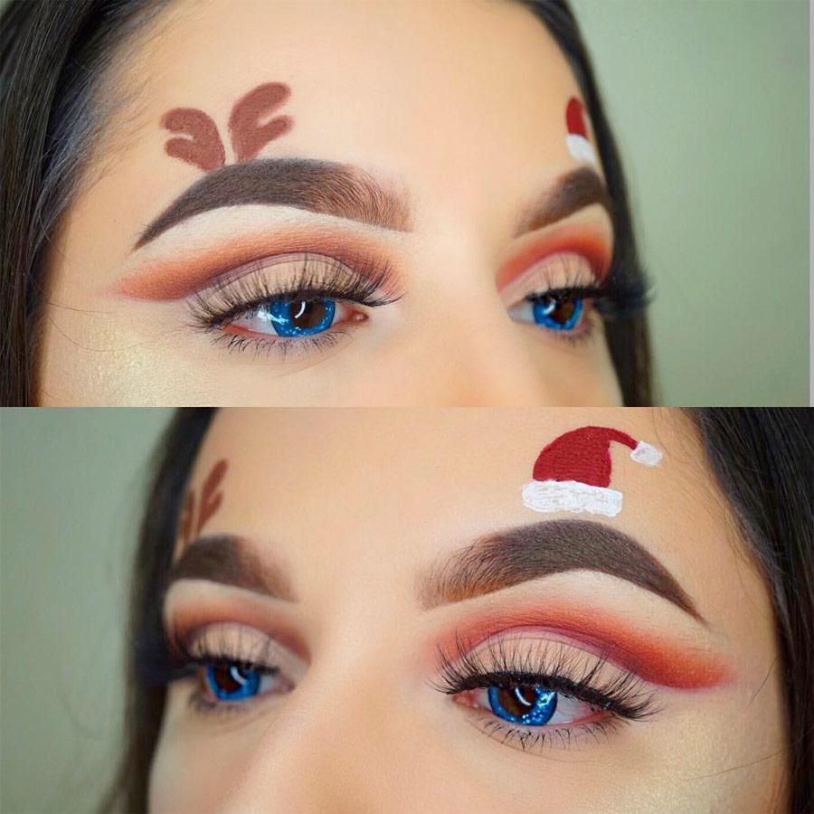 Maquillaje de Navidad con cuernos de reno y gorro de papá Noel