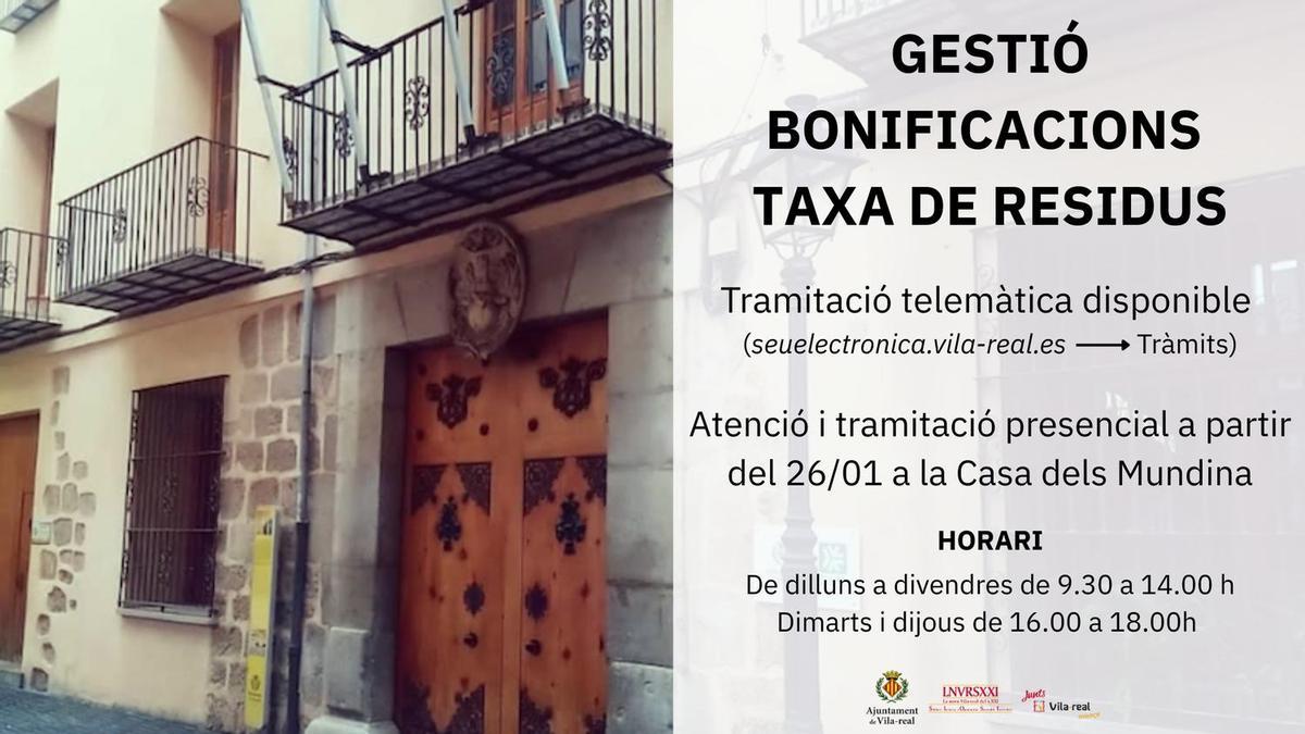 Díptico editado por el Ayuntamiento de Vila-real para informar de la apertura de la oficina para la tasa de residuos urbanos.