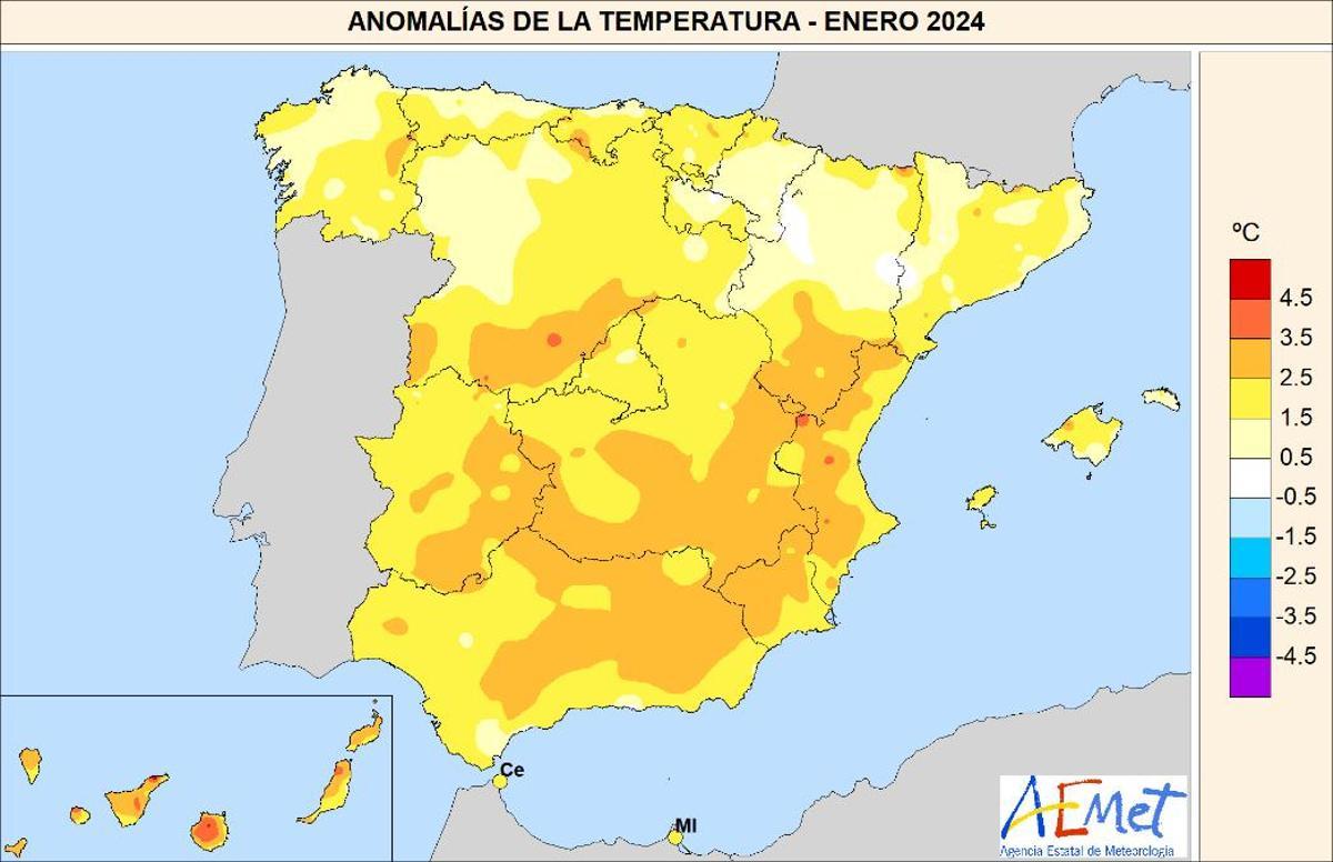 Anomalías de temperaturas en España en enero de 2024
