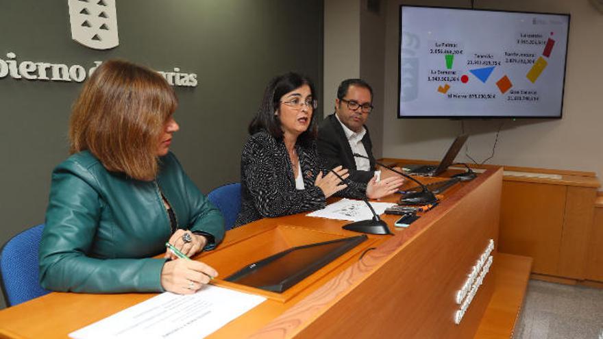 En el centro, la consejera de Economía, Carolina Darias, junto a la directora del Servicio Canario de Empleo, Dunnia Rodríguez, y el viceconsejero de Empleo, Gustavo Santana.